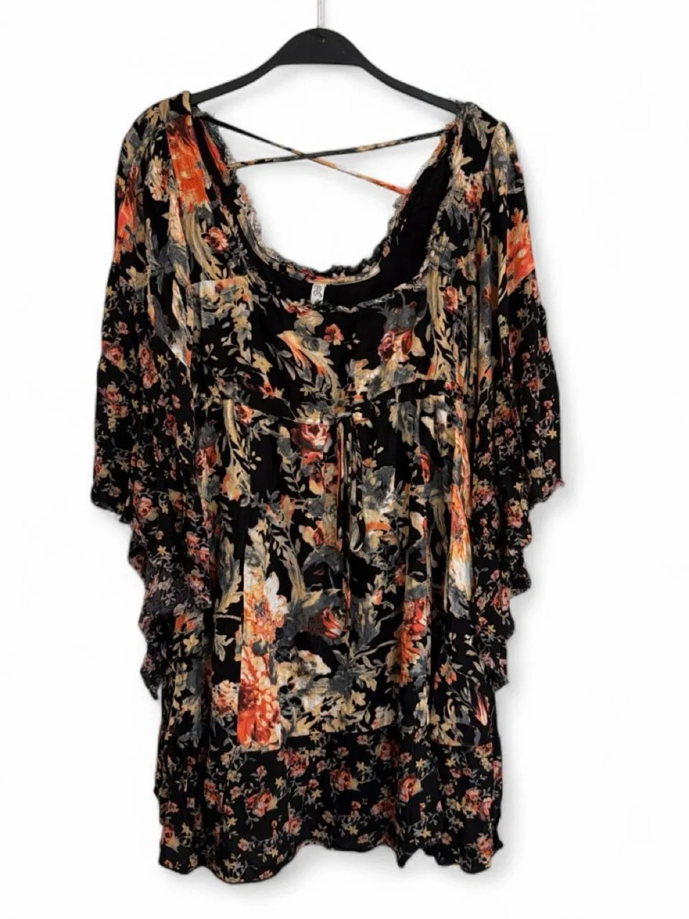 Free People Heart Of Gold Boho Floral Bell Sleeve Mini Dress in Black and Rust